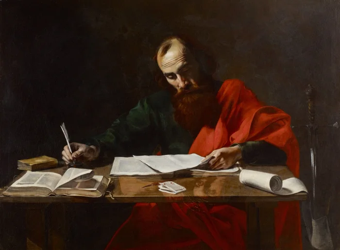 Historic artwork depicting the apostle Paul writing