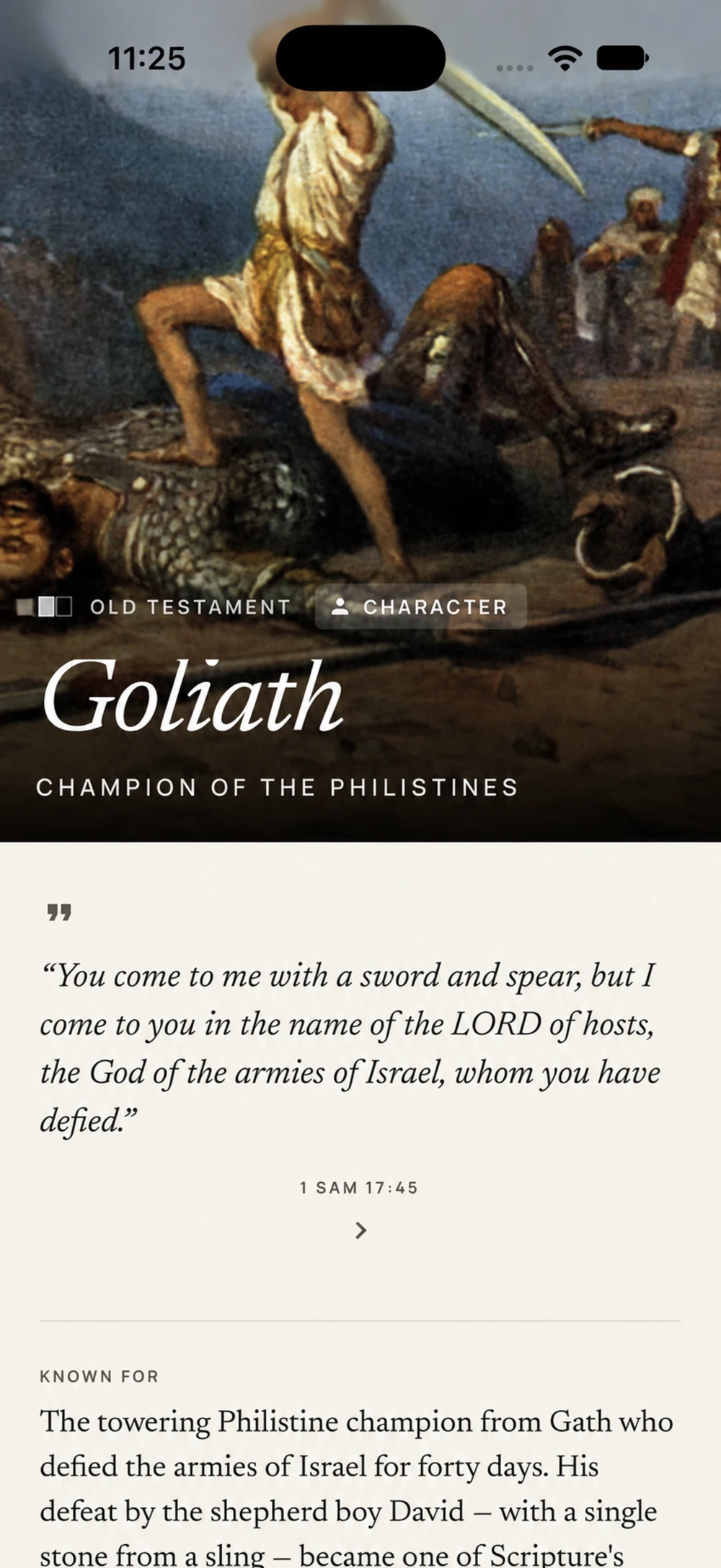 Goliath’s character card with a linked quotation from 1 Samuel 17:45