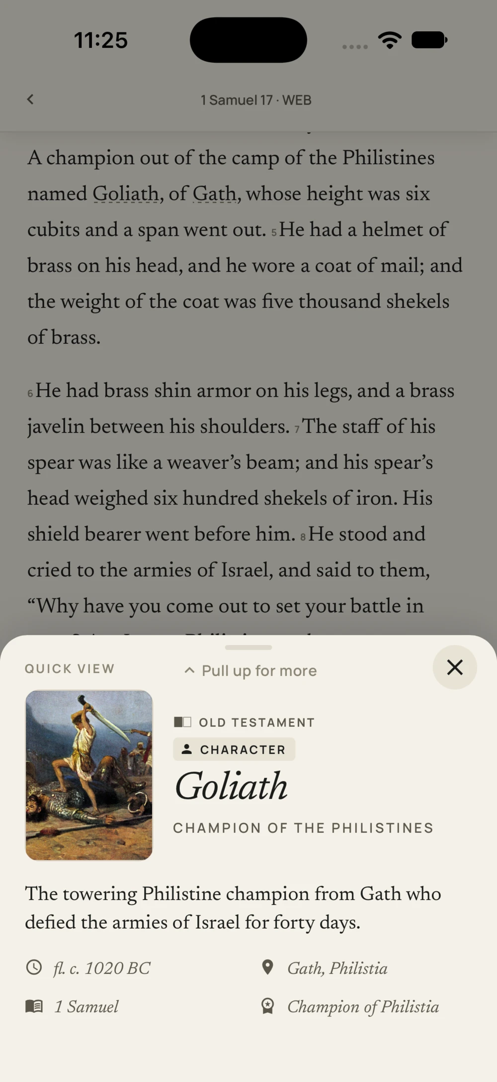 Scripture open to 1 Samuel 17 with Goliath’s Quick View pulled up beside the text